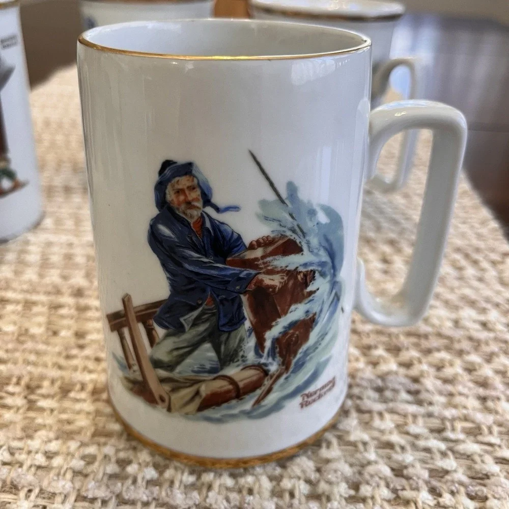 Norman Rockwell Coffee Mug set-Museum Series-Gold rim-Vintage Porcelain Set 4